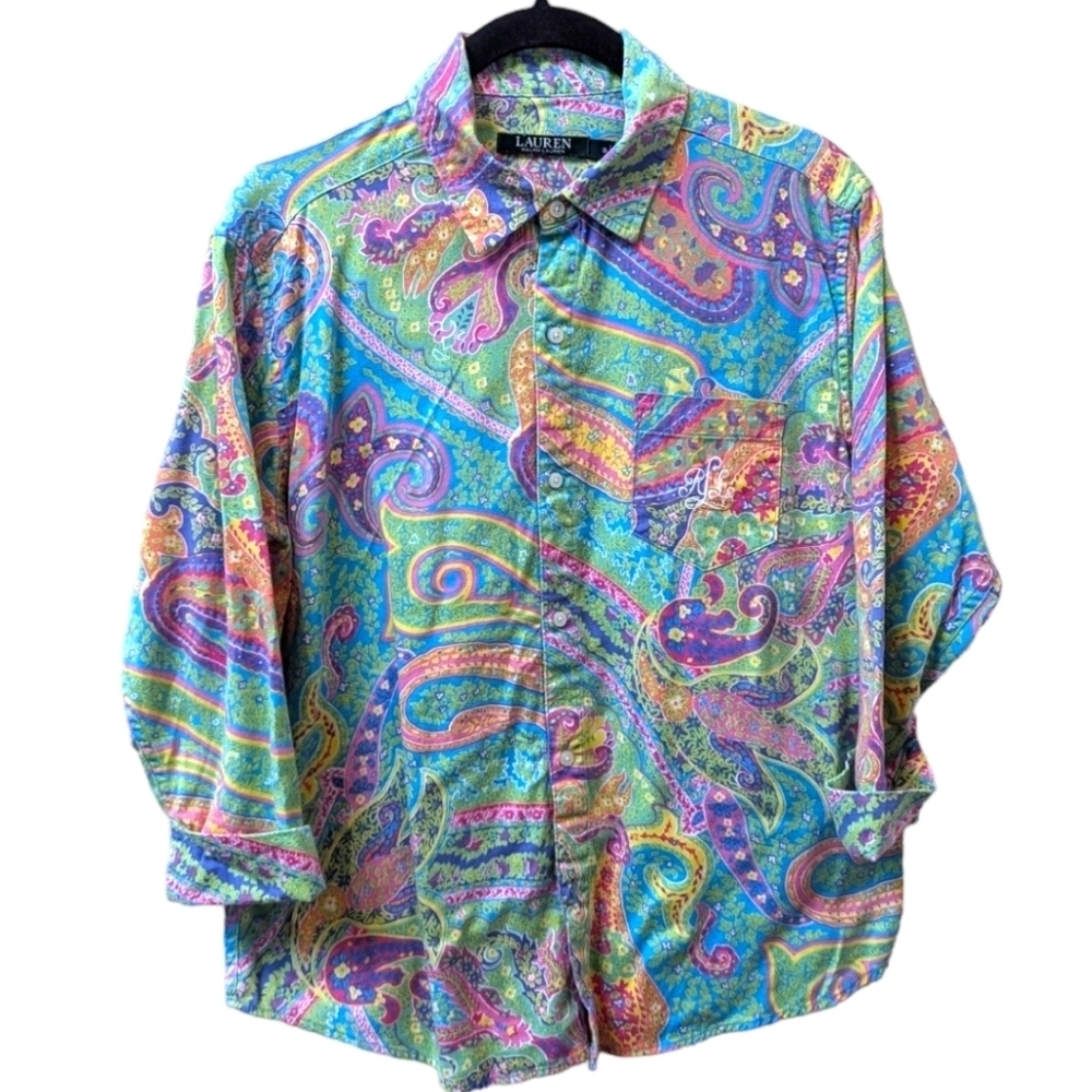 Lauren Ralph Lauren Vibrant Paisley Brushed Cotton Cuffed Sleeve Shirt (S)